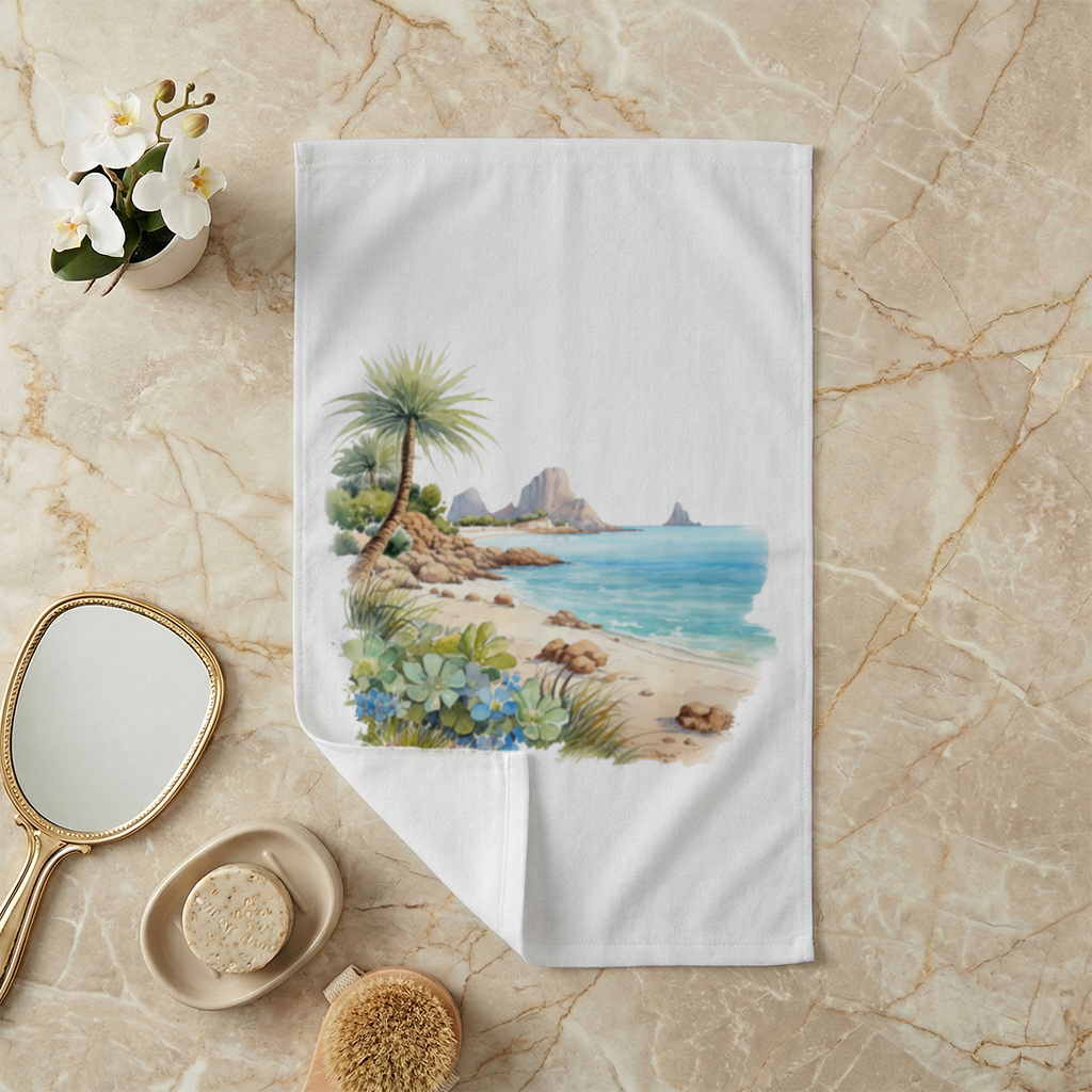 Tropical Palm Tree and Turquoise Sea Hand Towel