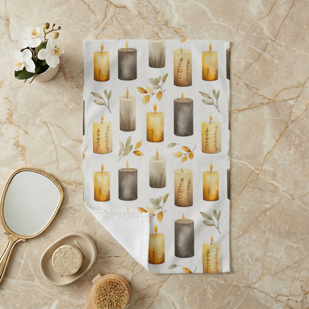 Warm Neutral Autumn Candles and Leaves Hand Towel