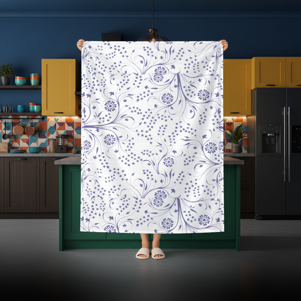 Blue White Vintage Floral Pattern Rectangular Tablecloth