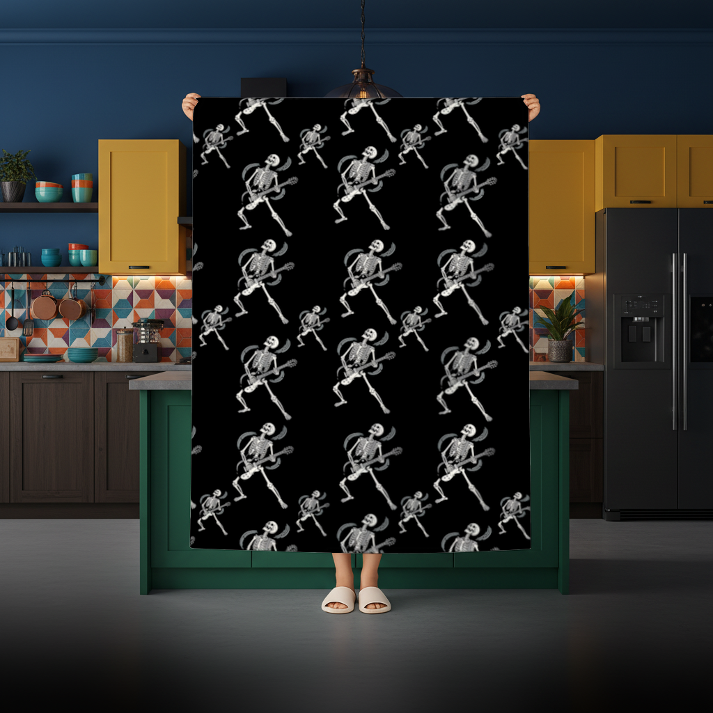 Rock Guitar Playing Skeleton Pattern on Black Rectangular Tablecloth