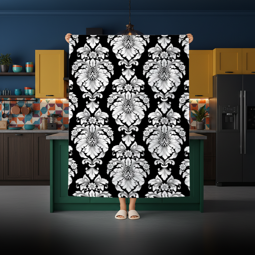 Black and White Baroque Floral Pattern Rectangular Tablecloth