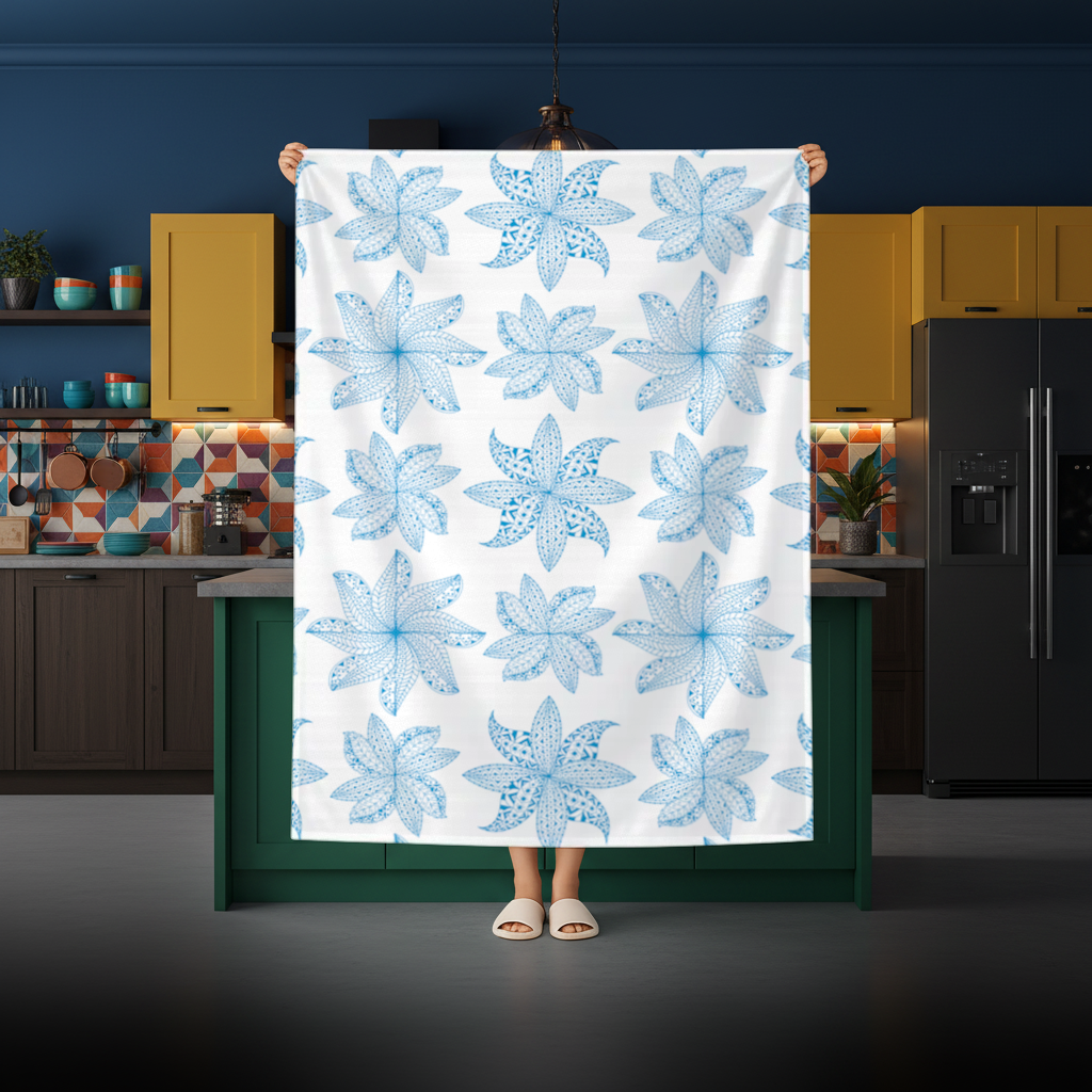 Blue Mandala Floral and Leaf Zentangle Pattern Rectangular Tablecloth