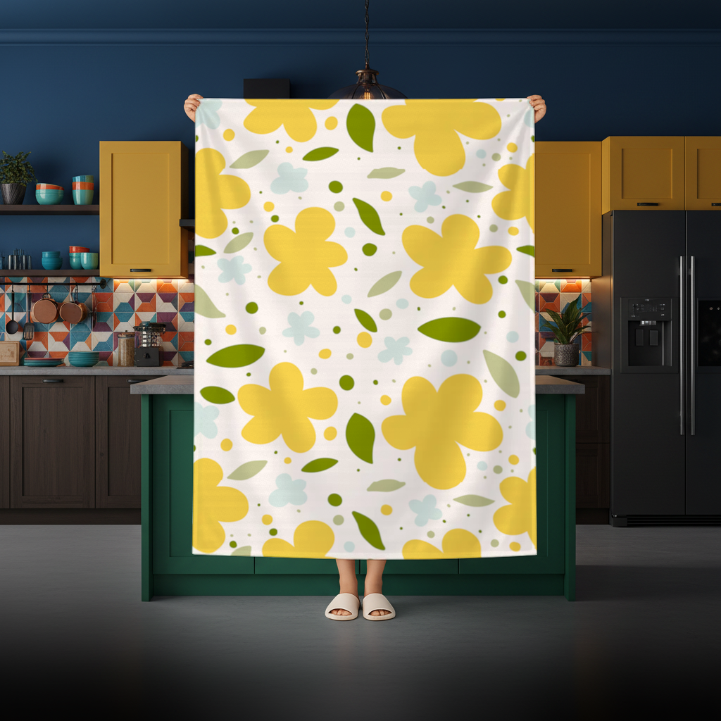 Sarı Çiçekli ve Yapraklı Boho Tarzı Dikişsiz Desen Masa Örtüsü