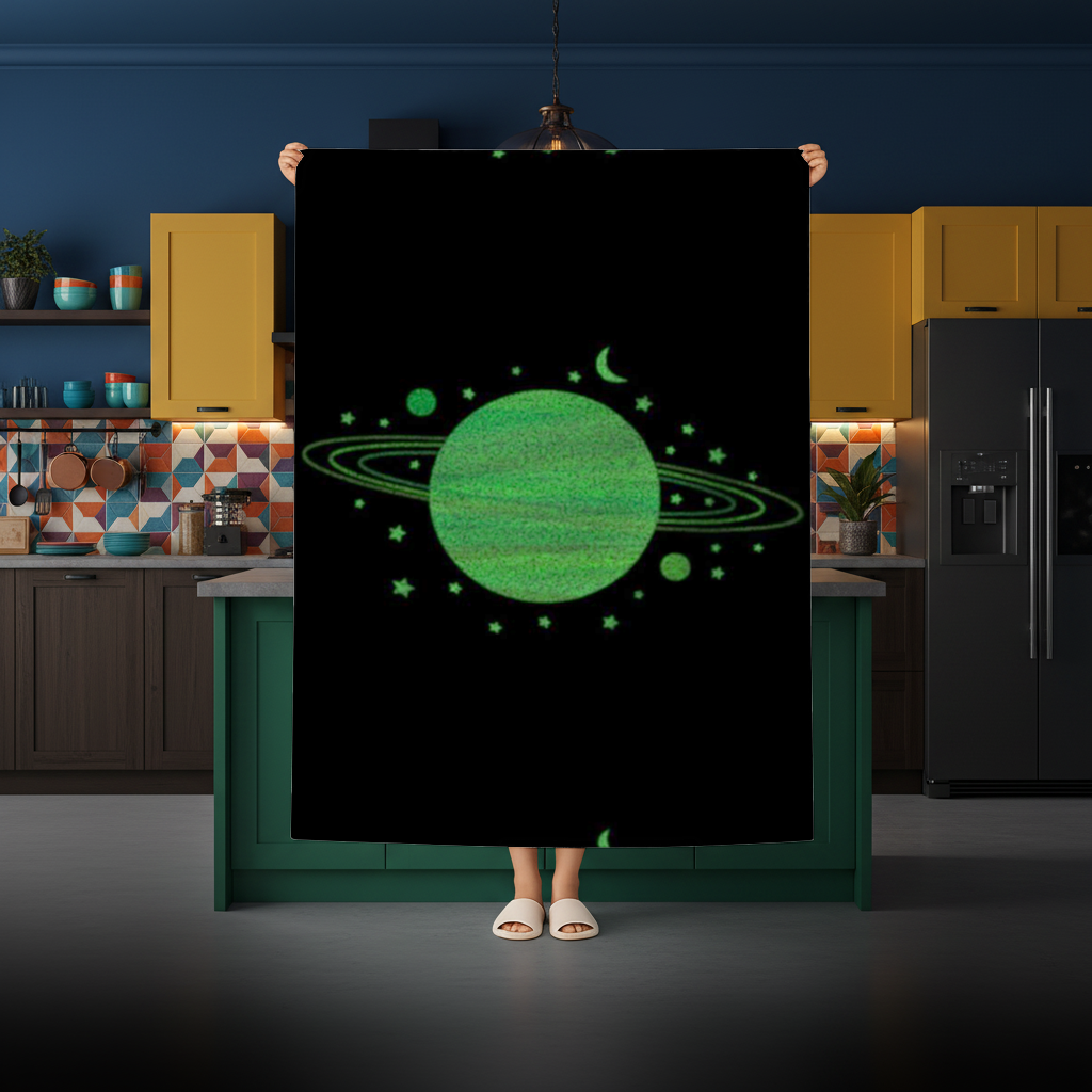 Green planets on a black background. Rectangular Tablecloth