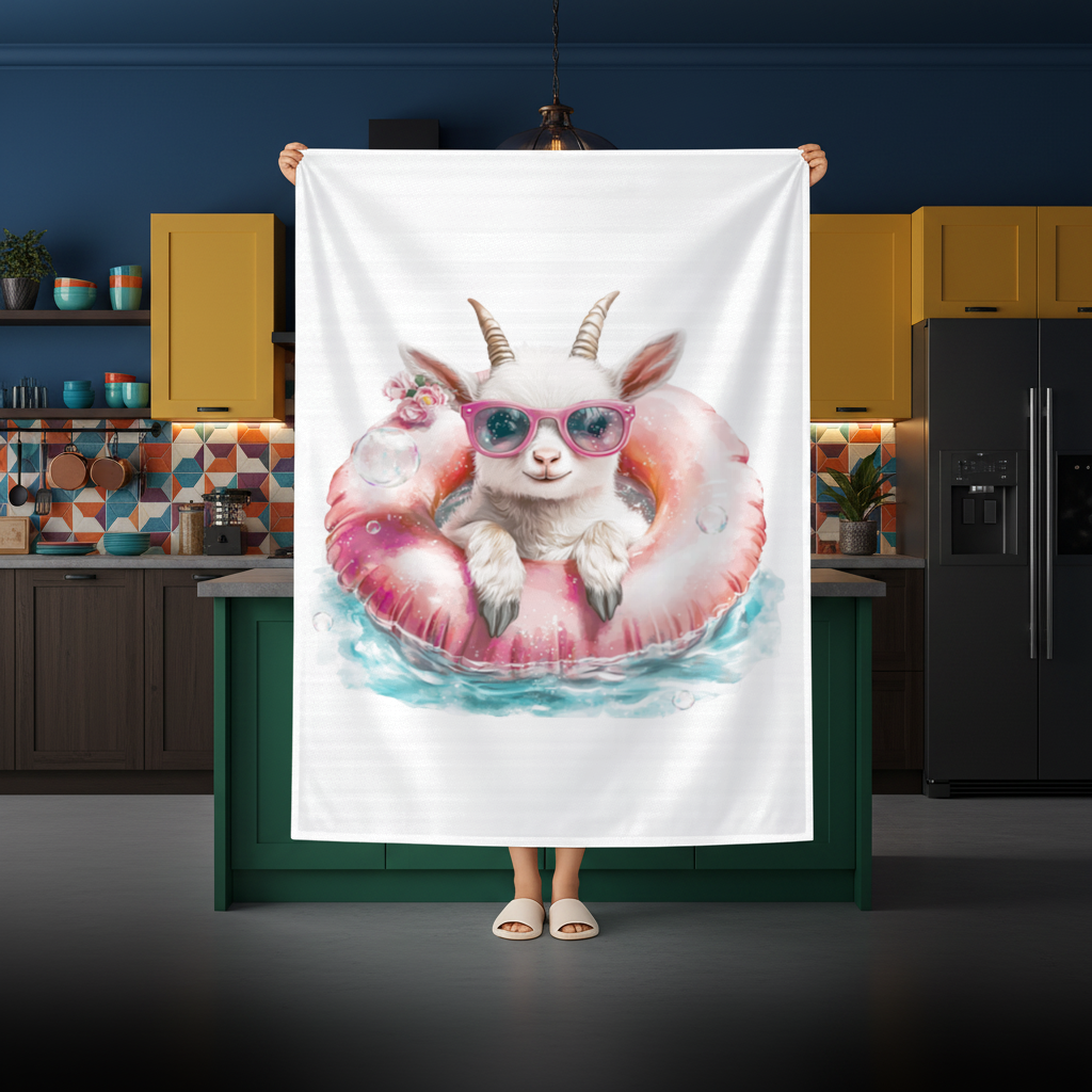 Baby Goat in Pink Pool Ring Rectangular Tablecloth