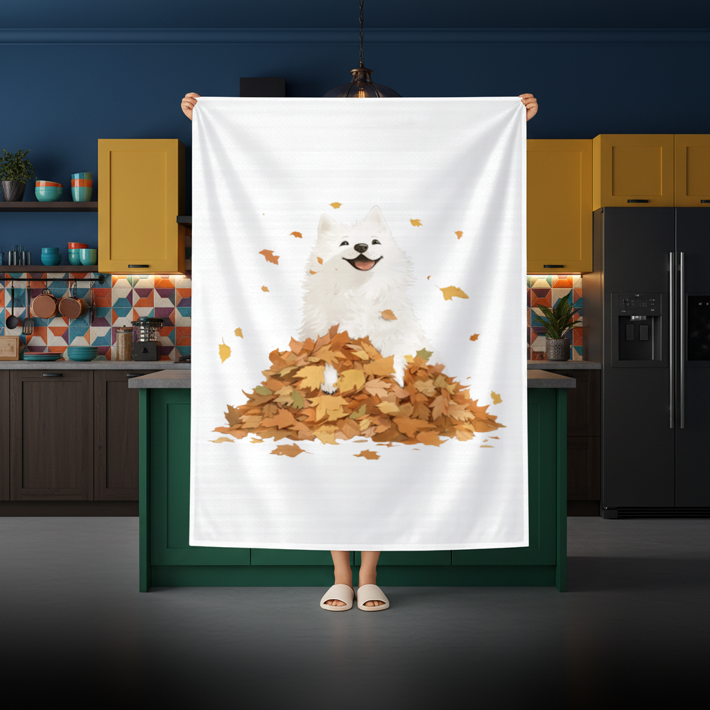 Happy White Dog in Autumn Leaves Rectangular Tablecloth