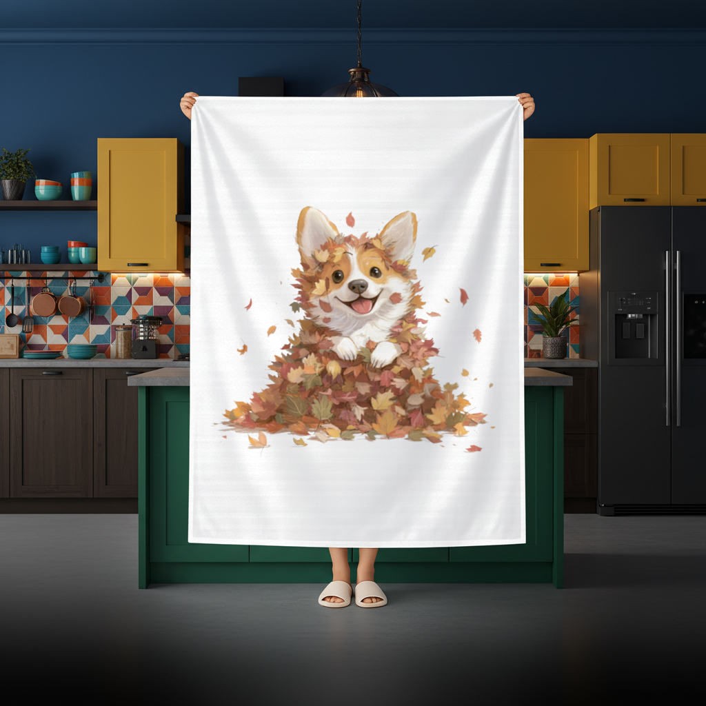 Happy Corgi Puppy in Fall Leaves Rectangular Tablecloth