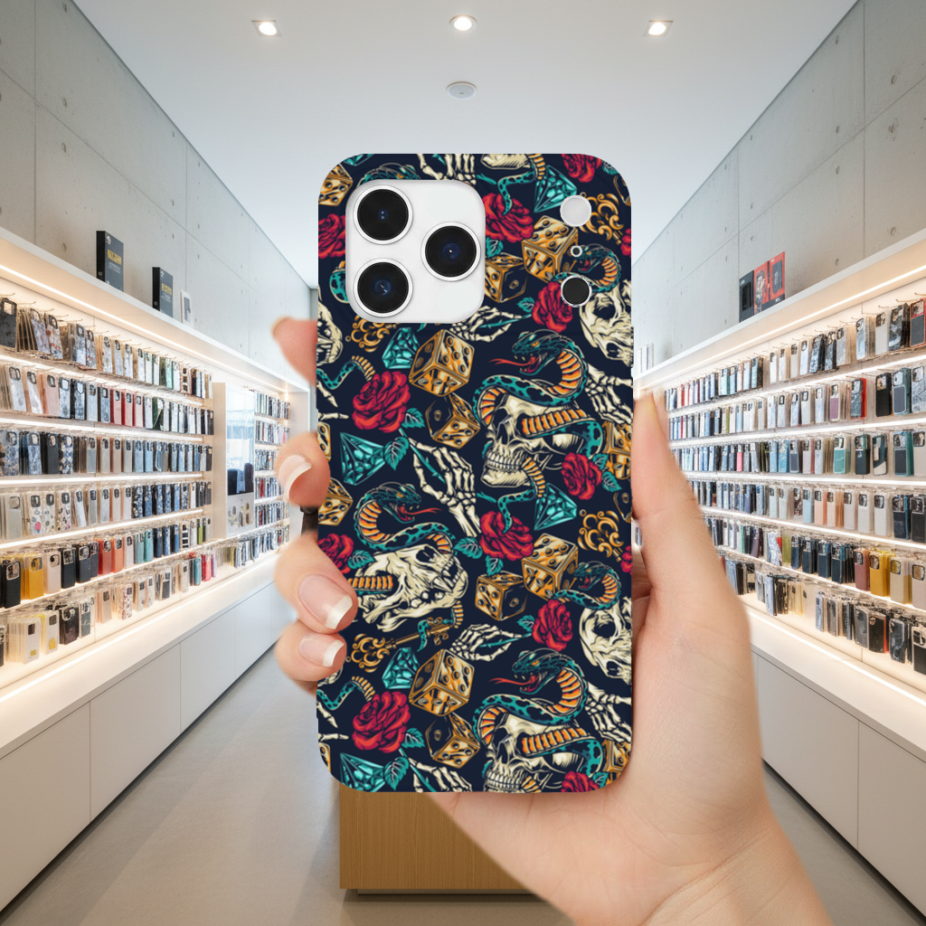 Skull Snake Dice and Roses Pattern iPhone 17 Pro Max Case