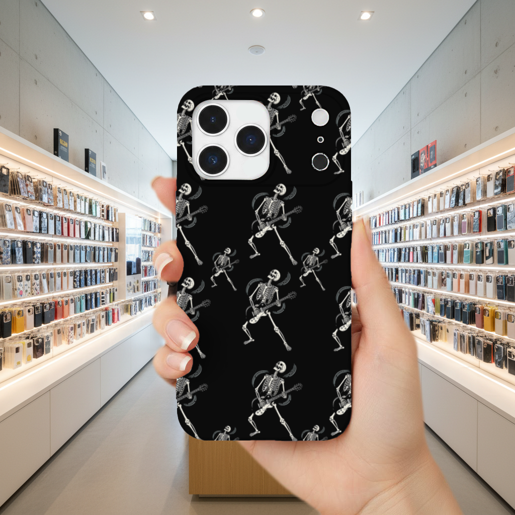 Rock Guitar Playing Skeleton Pattern on Black iPhone 17 Pro Max Case