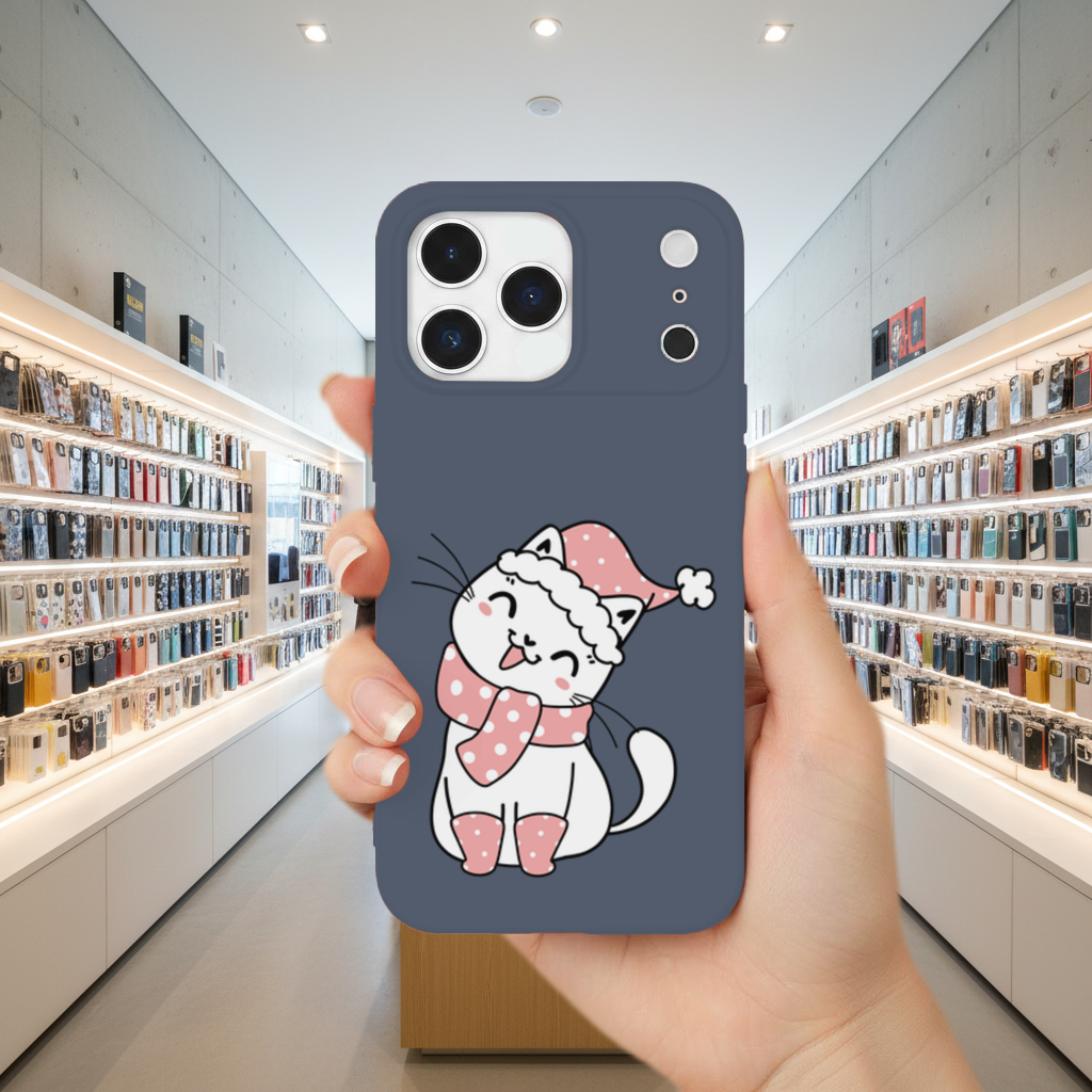 Sevimli Yılbaşı Kedisi Pembe Puantiyeli Çizim iPhone 17 Pro Max Kılıfı