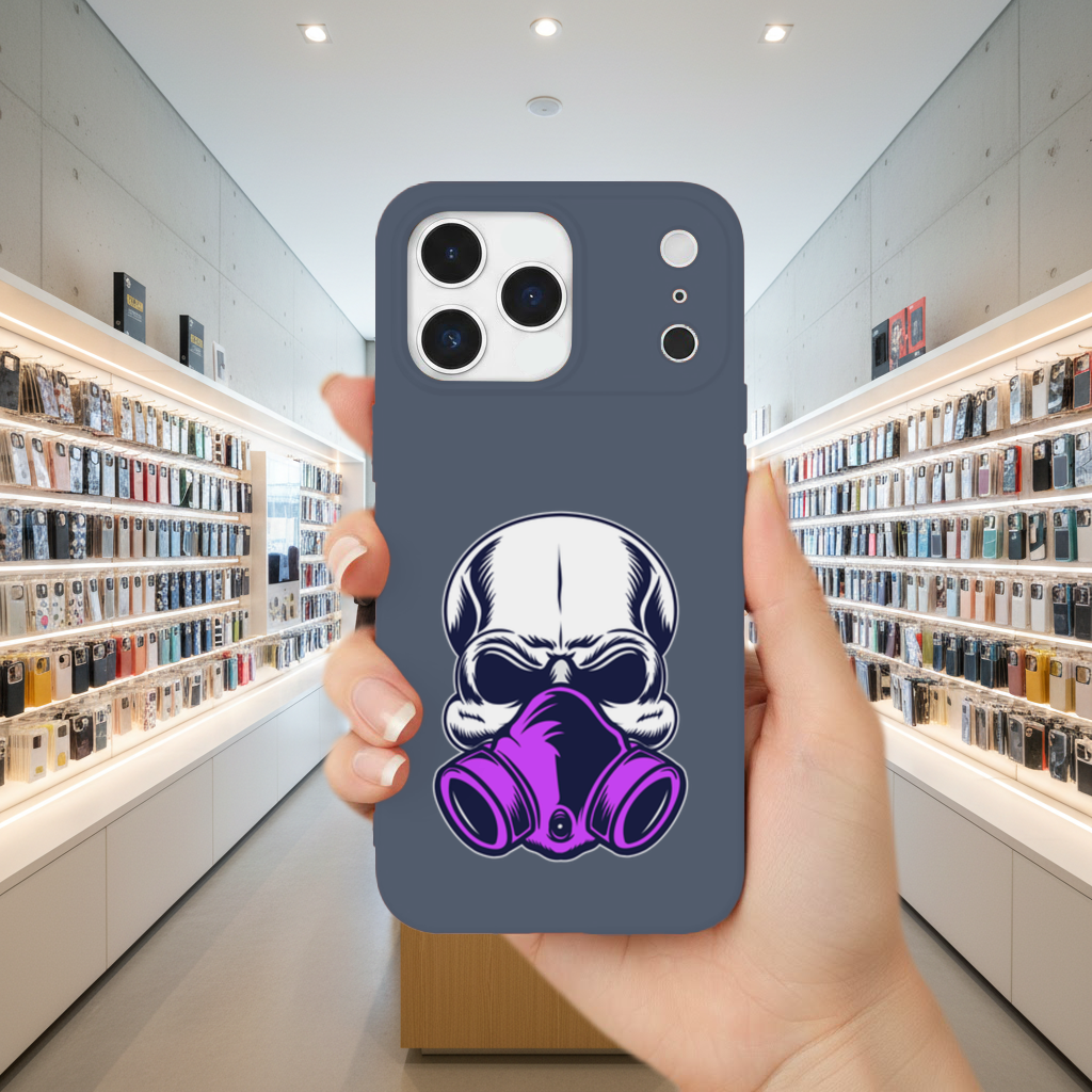Gaz Maskeli Kafatası İllüstrasyonu Modern ve Sert Tasarım iPhone 17 Pro Max Kılıfı