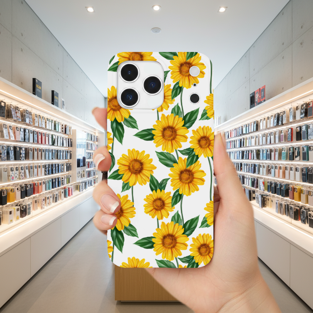 Canlı Sarı Ayçiçeği ve Yeşil Yaprak Desenli İllüstrasyon iPhone 17 Pro Max Kılıfı