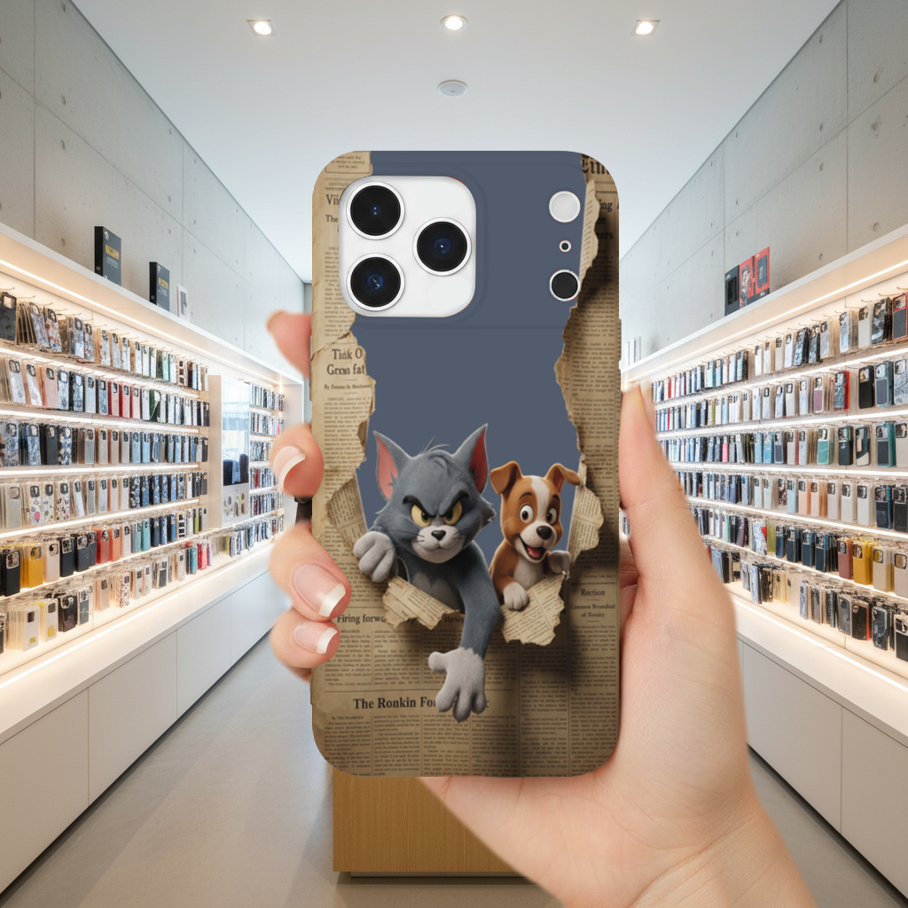 Yırtık Gazeteden Bakan Kedi ve Köpek iPhone 17 Pro Max Kılıfı