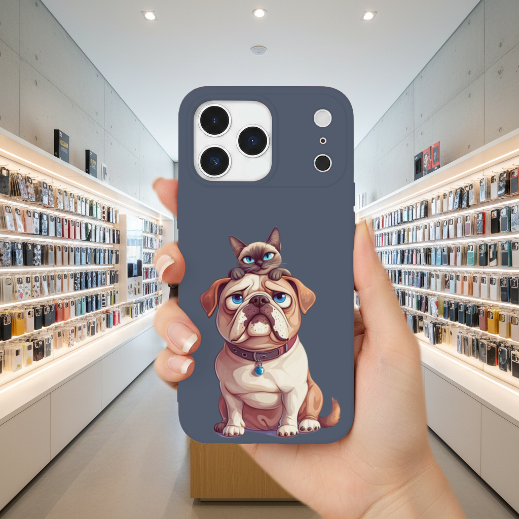 Siyam Kedisi ve Üzgün Pug Köpeği iPhone 17 Pro Max Kılıfı