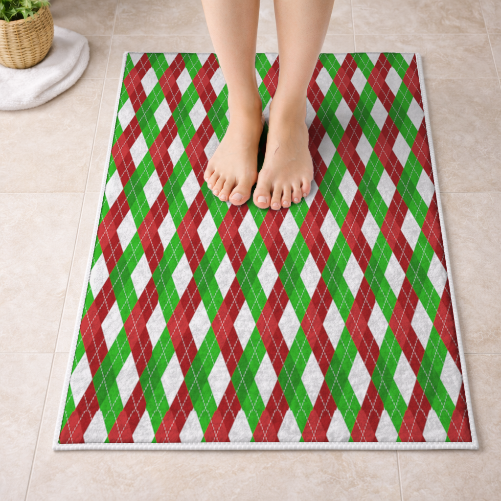 Red Green Argyle Plaid Background Pattern Bath Mat