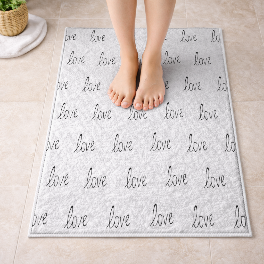Minimal Love Yazılı Siyah Beyaz Romantik Desen Tasarım Banyo Halısı