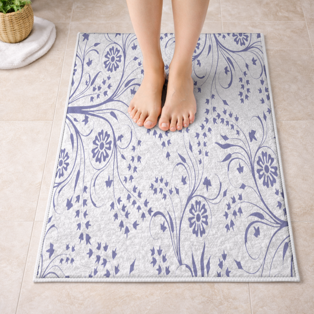 Blue White Vintage Floral Pattern Bath Mat
