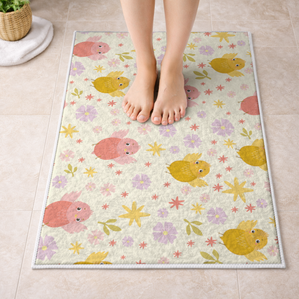 Cute Birds and Floral Pastel Spring Pattern Illustration Bath Mat