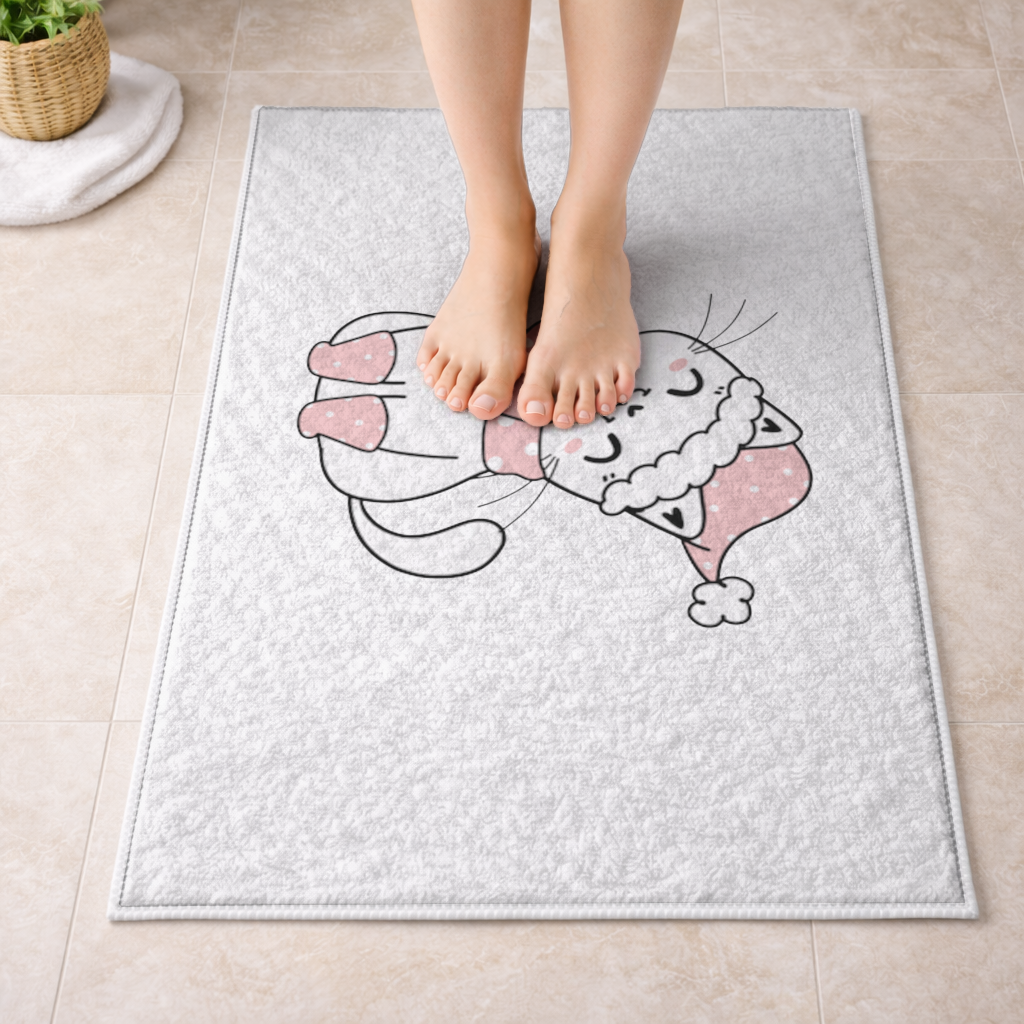 Sevimli Yılbaşı Kedisi Pembe Puantiyeli Çizim Banyo Halısı