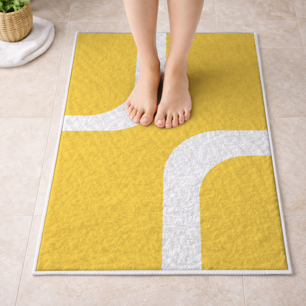 Yellow Geometric Labyrinth and Modern Abstract Pattern Bath Mat
