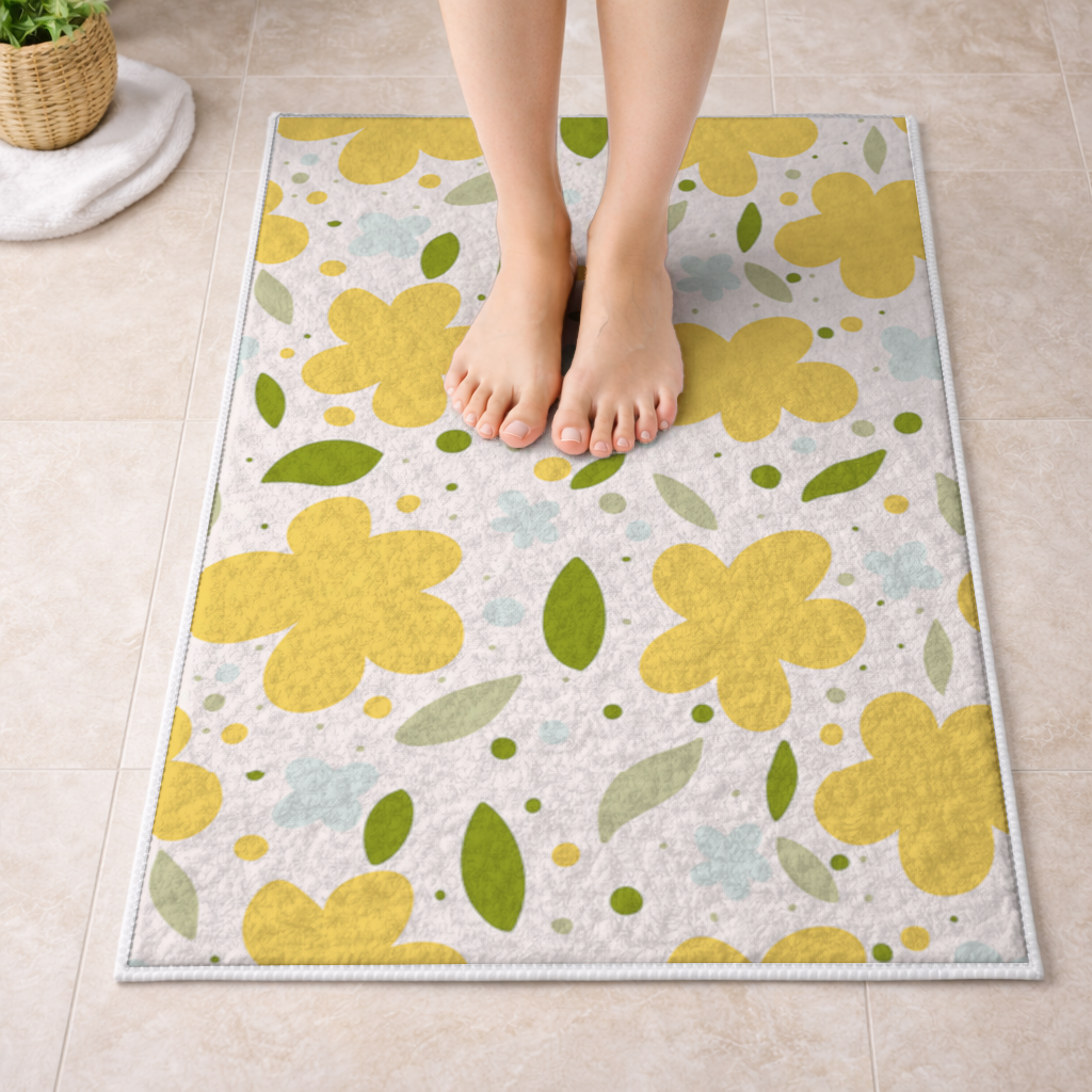 Sarı Çiçekli ve Yapraklı Boho Tarzı Dikişsiz Desen Banyo Halısı