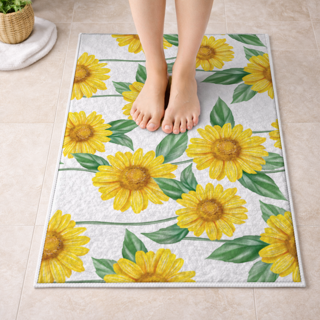 Vibrant Yellow Sunflower and Green Leaf Pattern Illustration Bath Mat