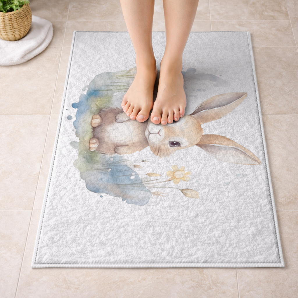 Cute Bunny Watercolor Illustration Bath Mat