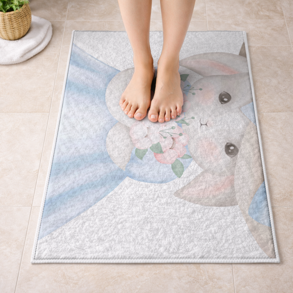 Cute Bunny with Hat Holding Flowers Bath Mat