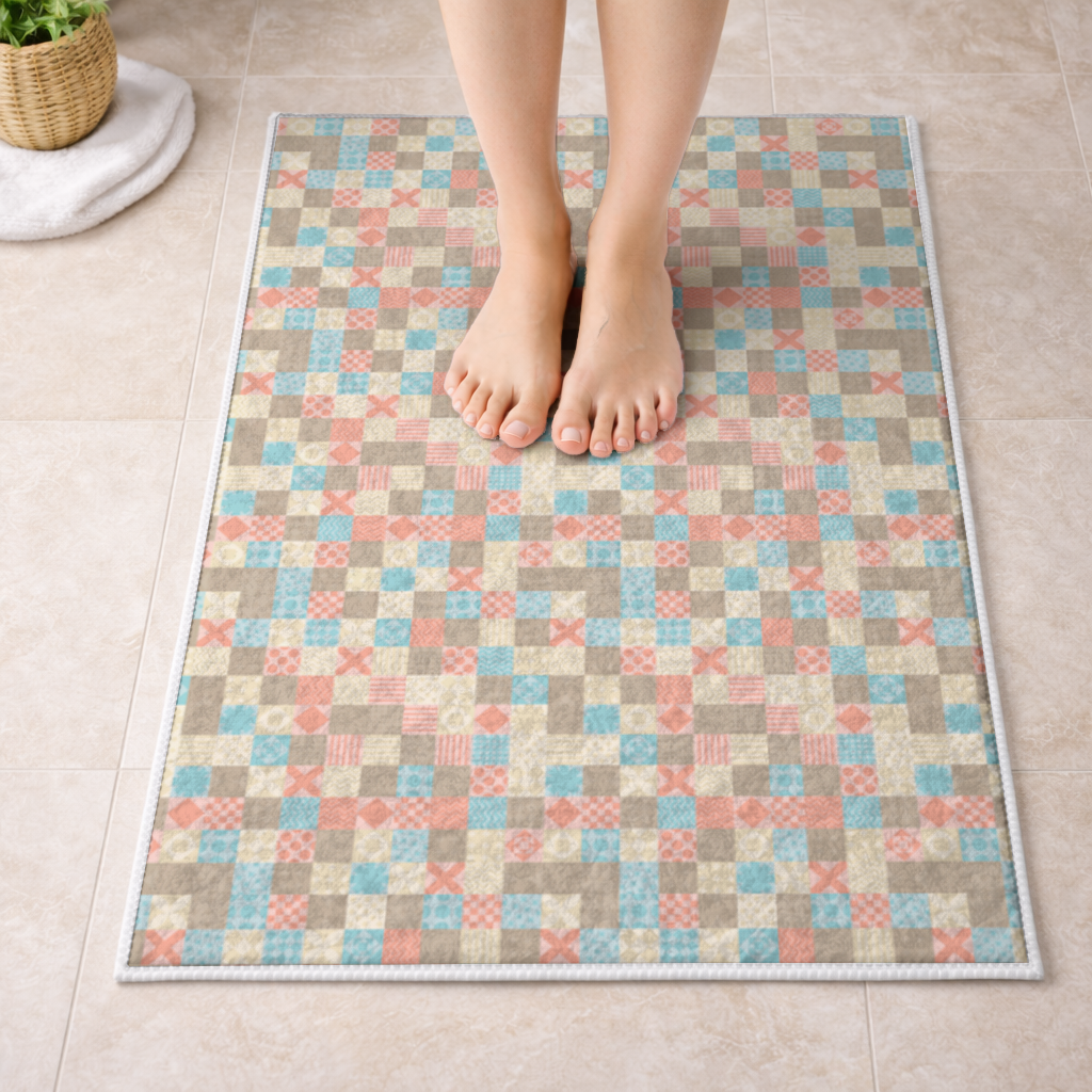 Colorful Modern Geometric Square Pattern Bath Mat