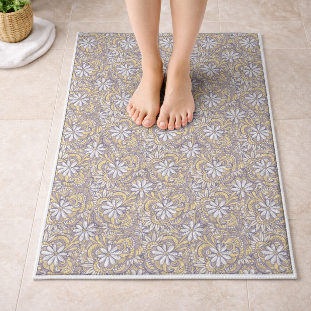 Retro Floral Doodle and Mandala Pattern Bath Mat