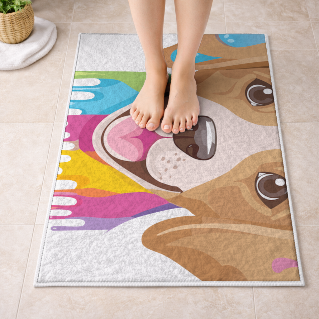 Renkli Boya Damlalı Mutlu Köpek Tasarımı Banyo Halısı