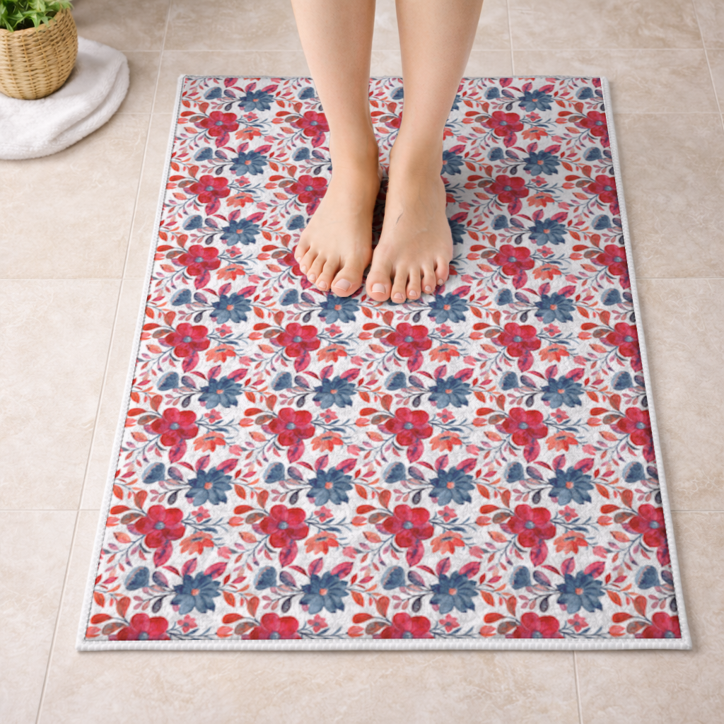 Watercolor Red Navy Floral Bath Mat