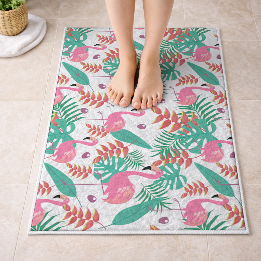 Pink Flamingo Tropical Leaves Bath Mat