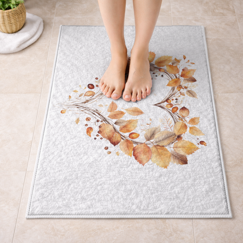 Orange Autumn Leaves Heart Bath Mat