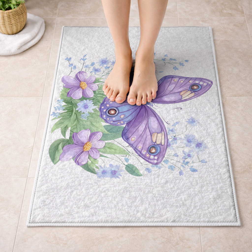 Cottagecore Purple Butterfly Floral Bath Mat