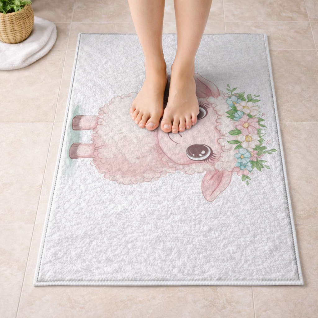 Kawaii Çiçek Taçlı Pembe Kuzu Banyo Halısı