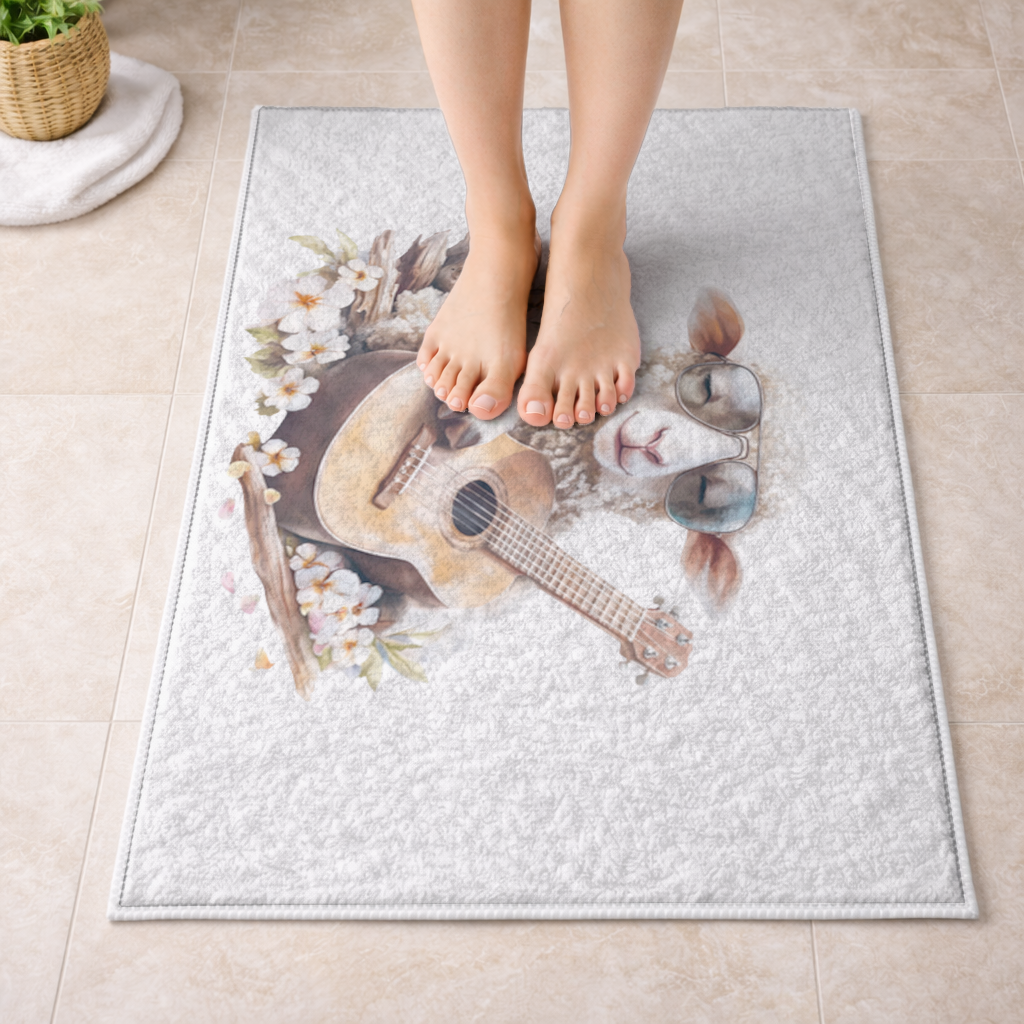 Cool Sheep Playing Ukulele with Flowers Bath Mat
