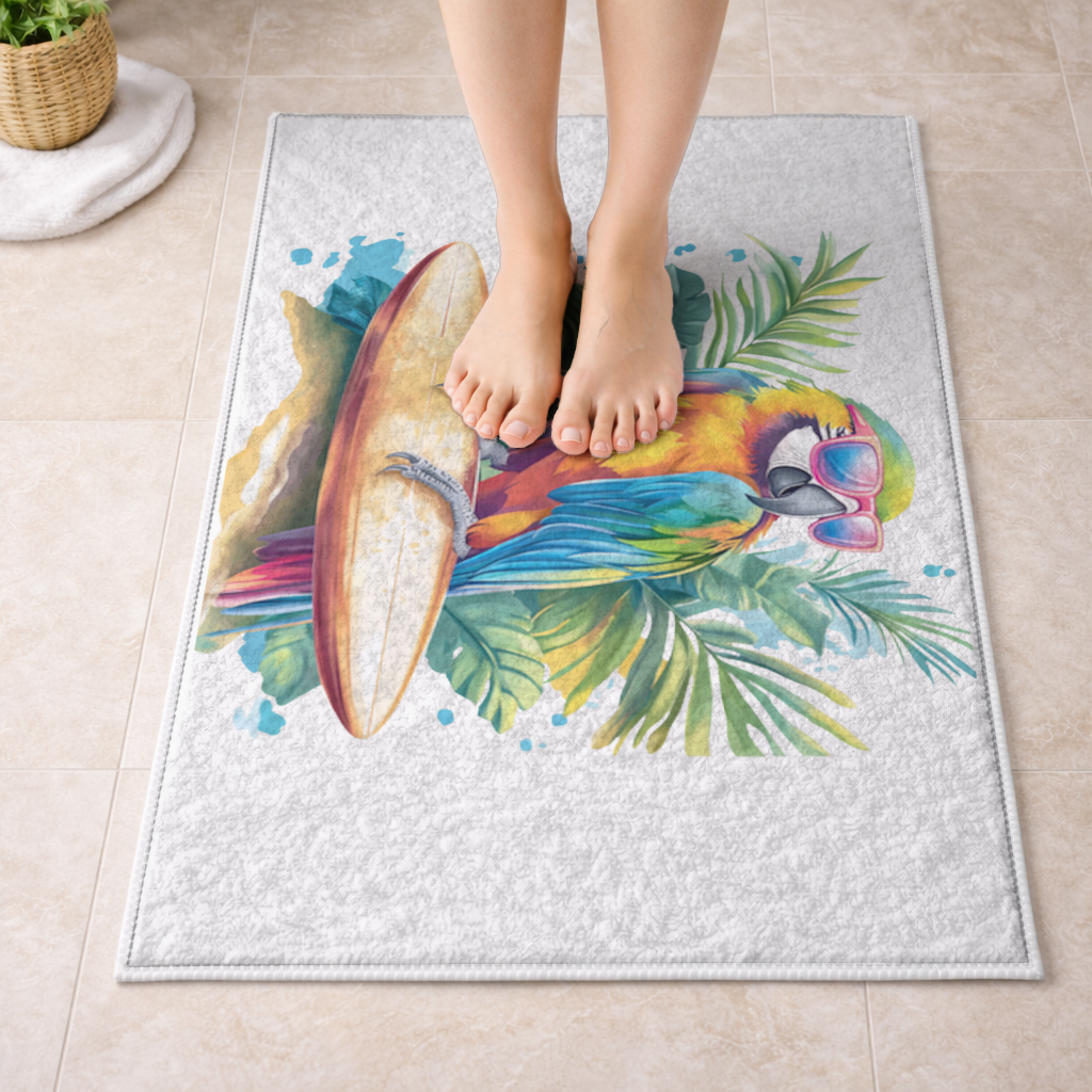 Surfing Parrot with Pink Sunglasses Bath Mat