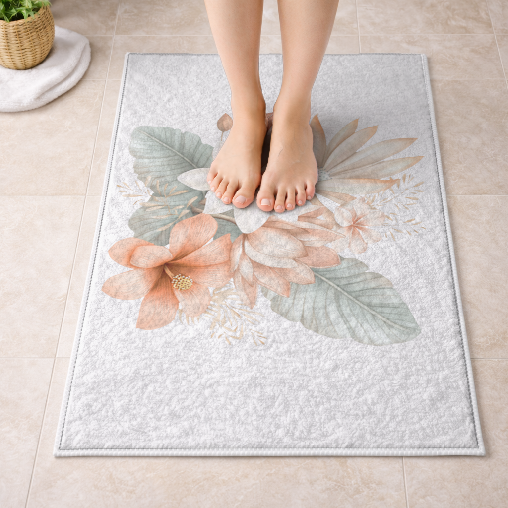 Soft Peach Tropical Floral Bouquet Bath Mat
