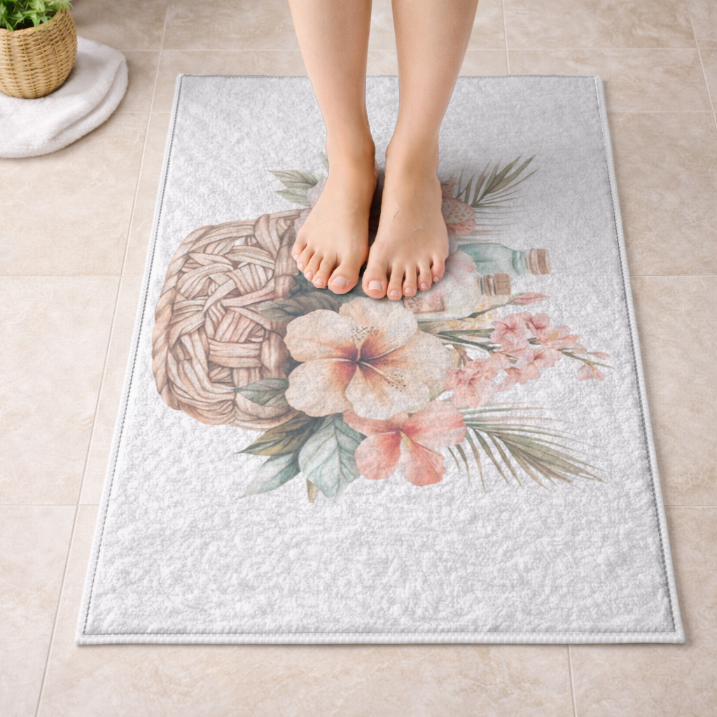 Tropical Hibiscus Flower Woven Basket Bath Mat
