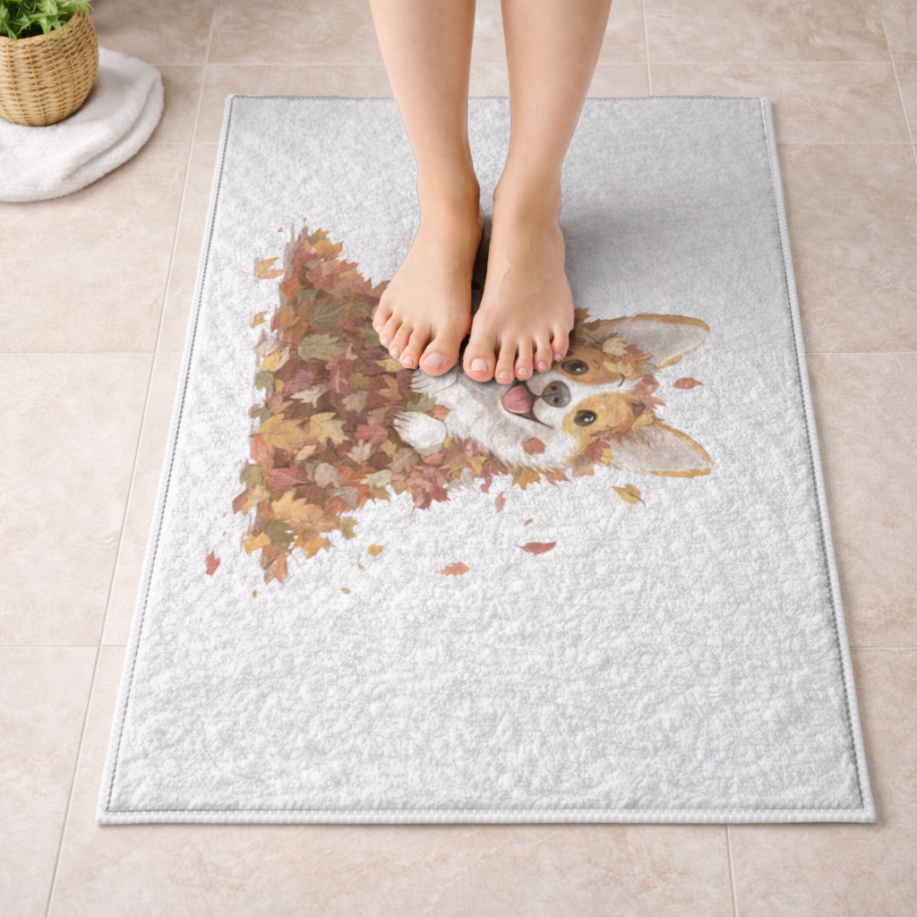 Happy Corgi Puppy in Fall Leaves Bath Mat