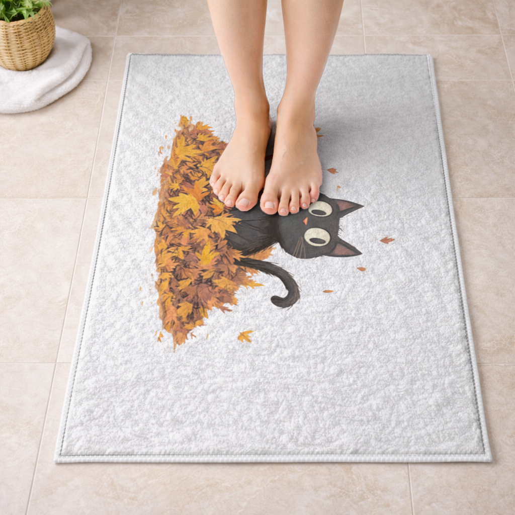 Cute Black Cat in Autumn Leaves Bath Mat