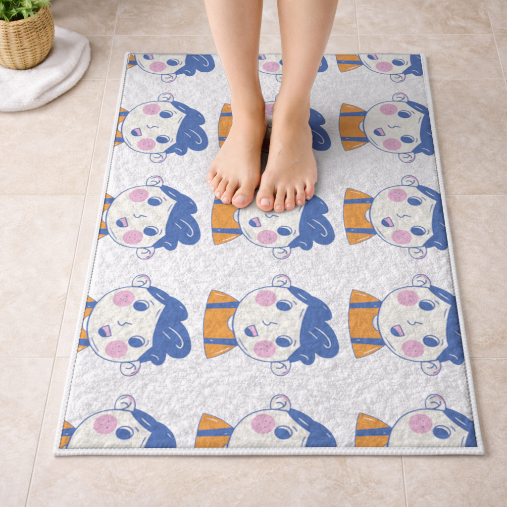 Cute Smiling Boy with Blue Hair Bath Mat