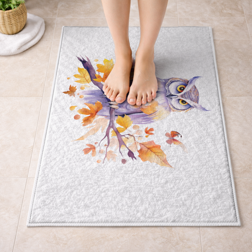 Whimsical Autumn Owl and Butterfly Bath Mat