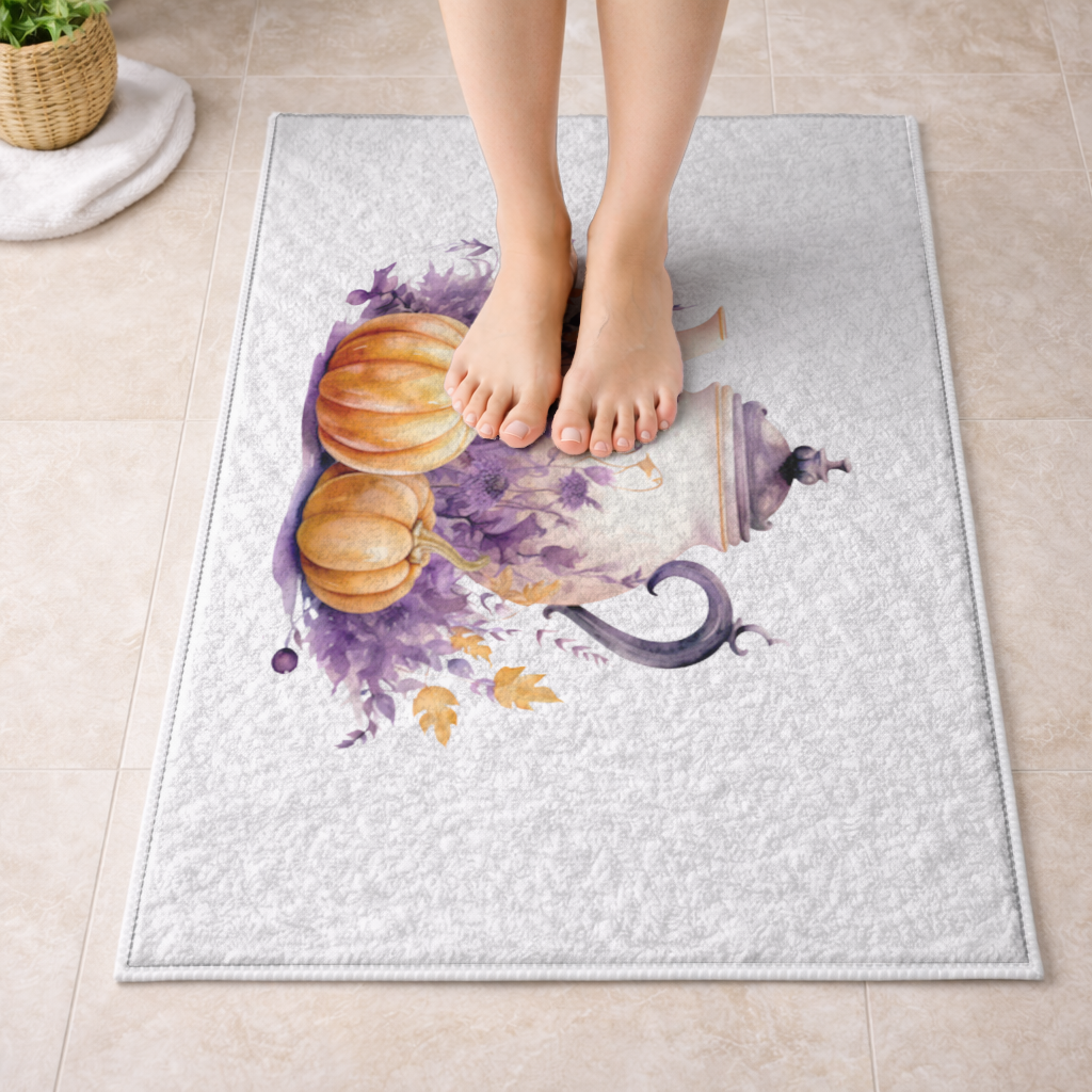 Vintage Purple Floral Pumpkin Teapot Bath Mat