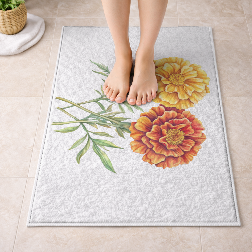 Botanical Yellow Orange Marigold Bath Mat