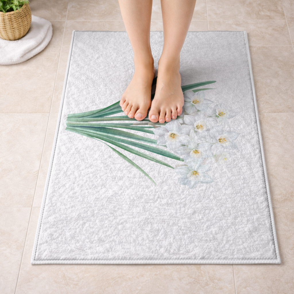 Beyaz Nergis Çiçeği Demeti Banyo Halısı