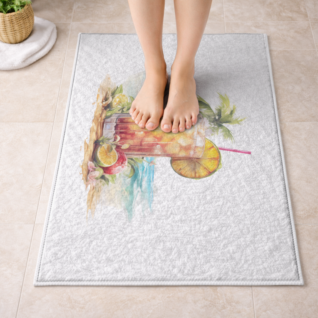 Egzotik Tropikal Sahilde Buzlu Meyveli İçecek Banyo Halısı