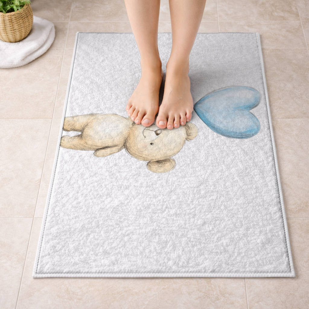 Cute Teddy Bear with Blue Heart Balloon Bath Mat