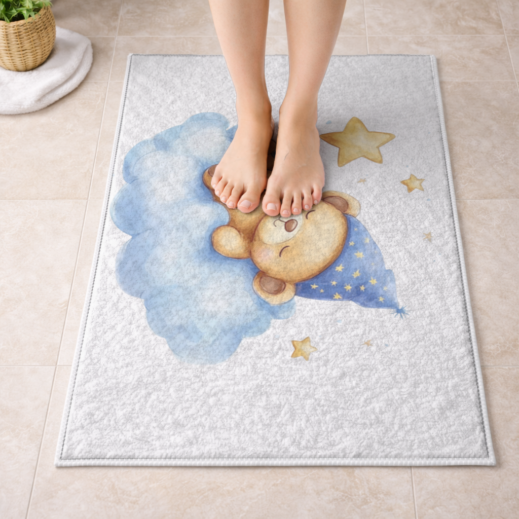Sleeping Teddy Bear on a Cloud Bath Mat